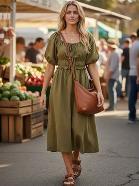 100% Cotton Universal Thread Olive Green Midi Dress with Puff Sleeves